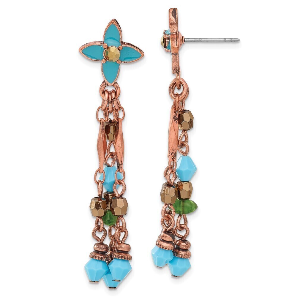 Copper-tone Link Teal Enamel Flower Acrylic Beads Dangle Post Earrings